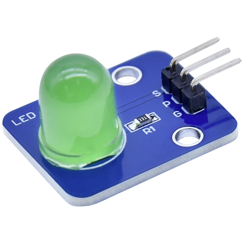 Blaues LED-Modul mit grüner LED, drei Anschlussstifte und beschriftetem Anschluss 'S', 'G' und 'P'. Genutzt für Elektronikprojekte.